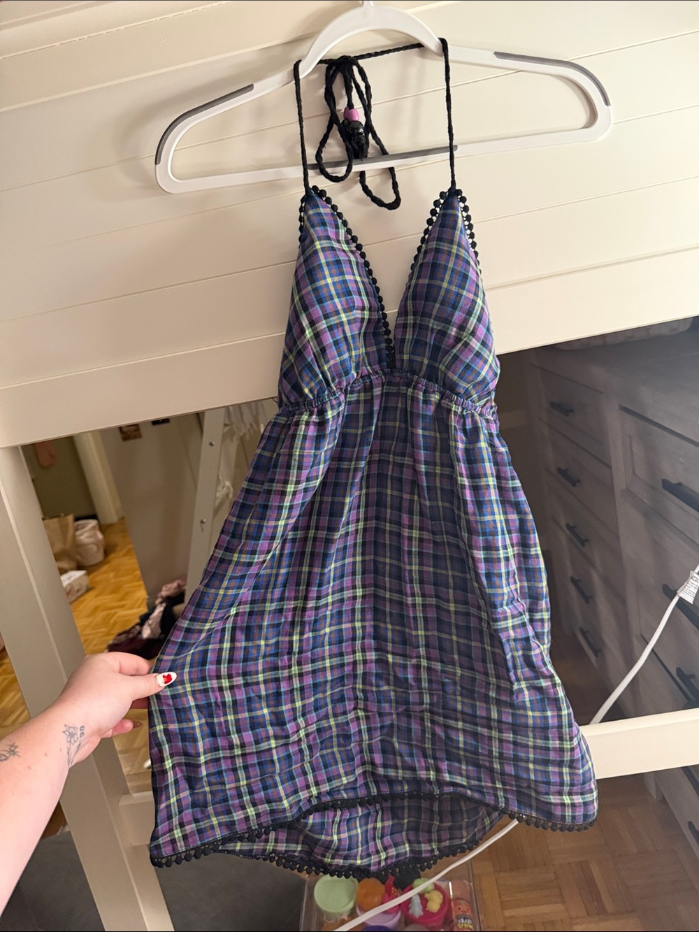Plaid Halter Babydoll Top in Purple & Green